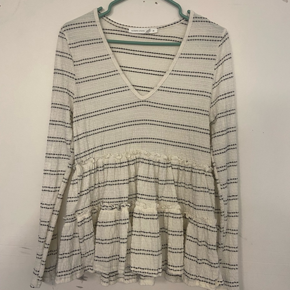 Altar'd State Cream and Black Striped Long Sleeve V Neck